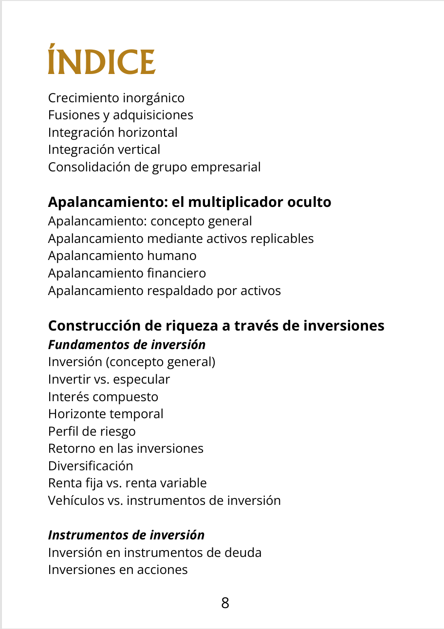 Página 8 del índice del Volumen I, mostrando los bloques de Apalancamiento y de Construcción de riqueza a través de inversiones.