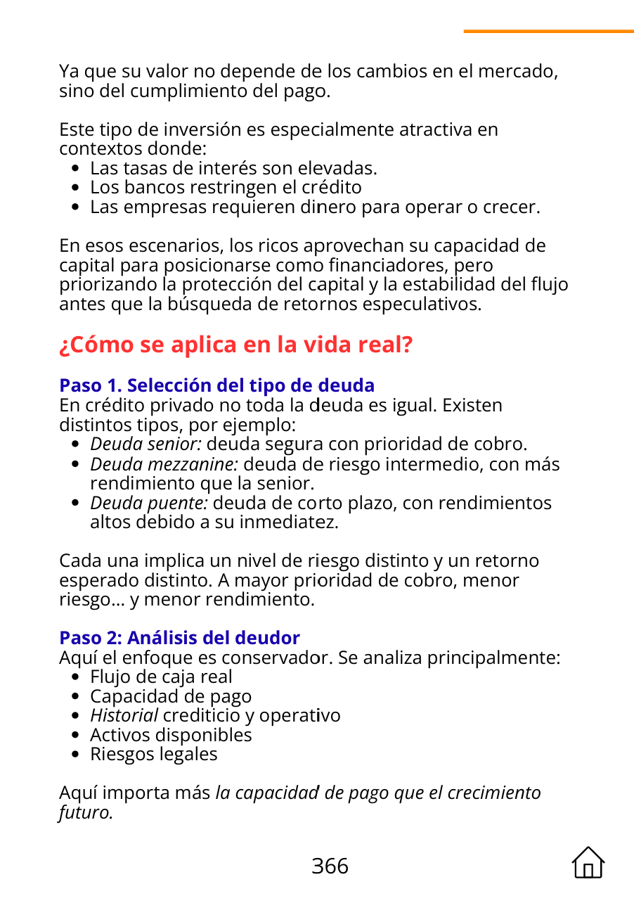 Página 366 con la sección ¿Cómo se aplica en la vida real?: paso 1, selección del tipo de deuda senior, mezzanine y puente; paso 2, análisis del deudor.