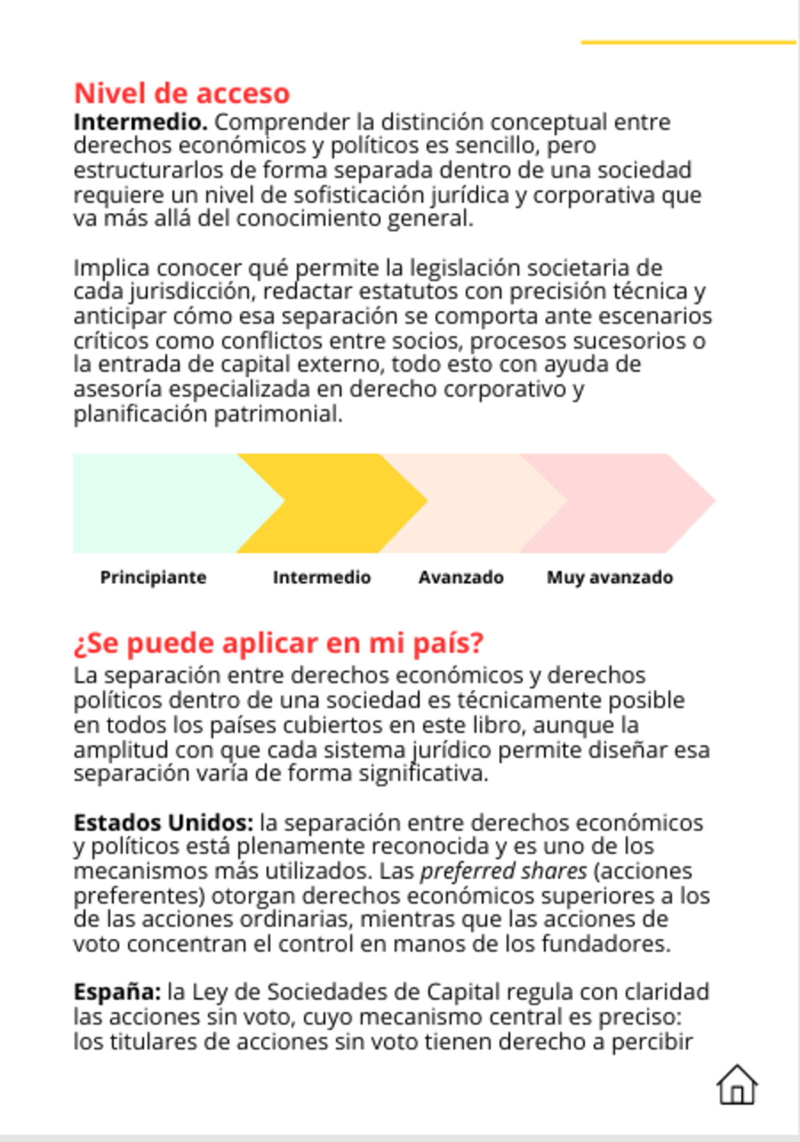 Página con la barra de nivel de acceso marcada en Intermedio y el inicio de la sección ¿Se puede aplicar en mi país?, con Estados Unidos y España.
