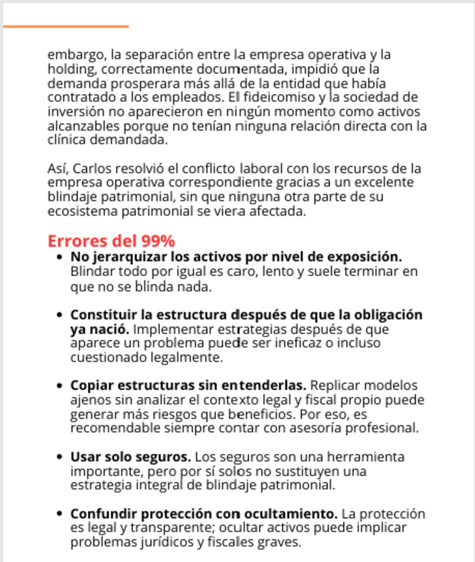 Cierre de un caso de blindaje patrimonial seguido de la sección Errores del 99% con cinco errores desarrollados.