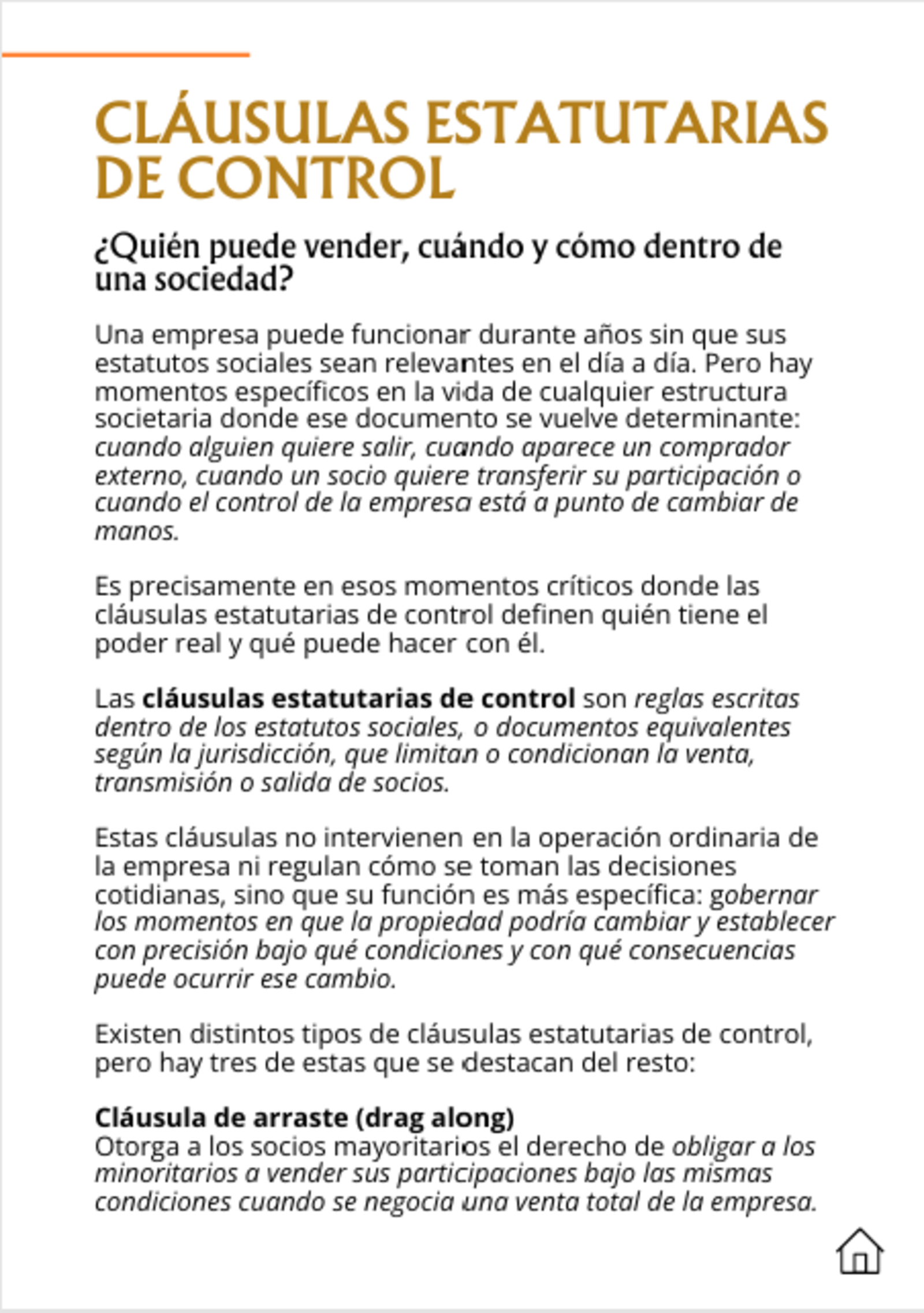 Primera página del capítulo Cláusulas estatutarias de control, con la pregunta que abre el capítulo y la definición del concepto.